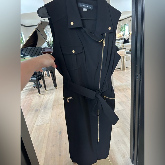 Andrew Marc Black Midi Dress with Gold Accents - Picture 1 of 10